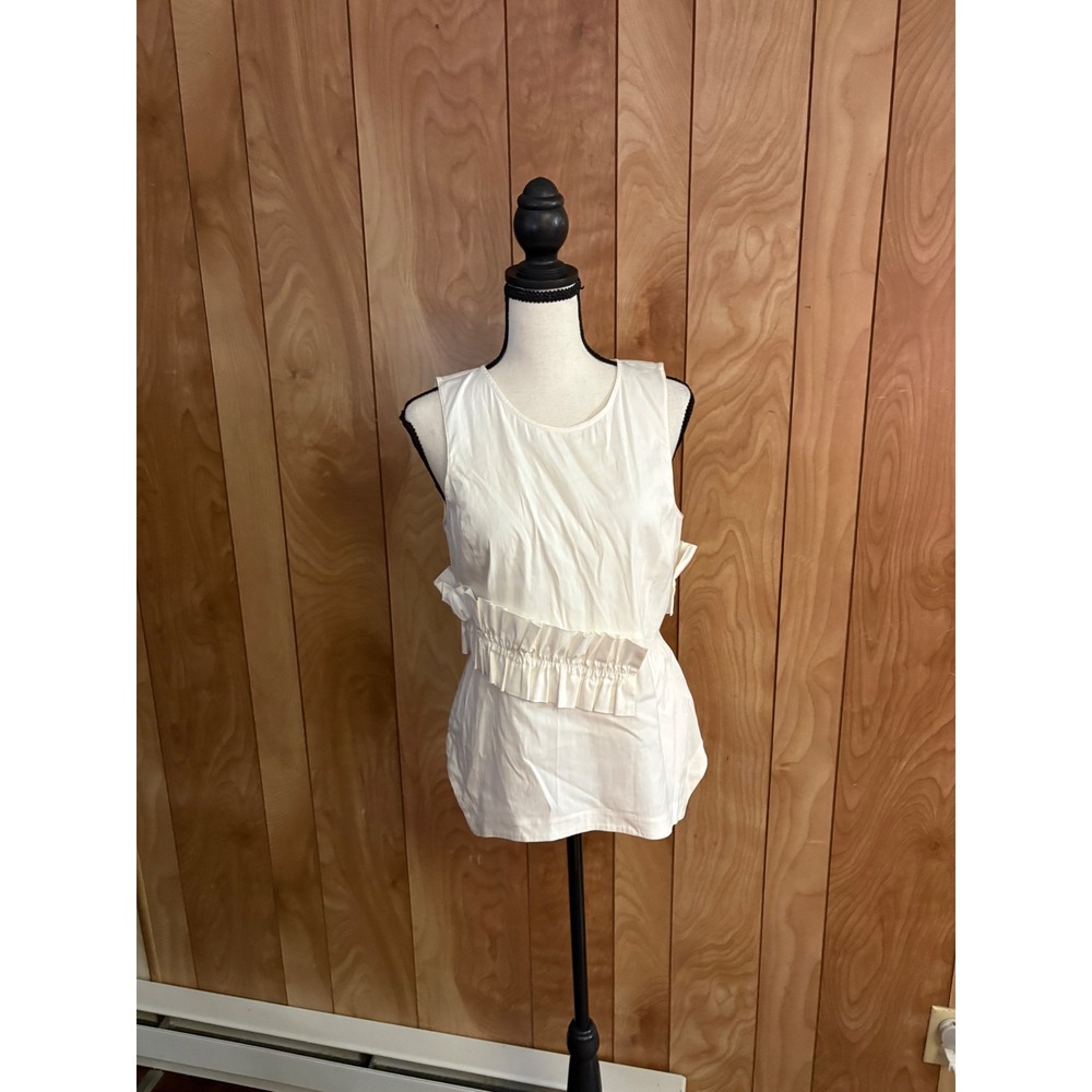 Trouve Womens White‎ Ruffle Peplum Sleeveless Cotton Poplin Top XS